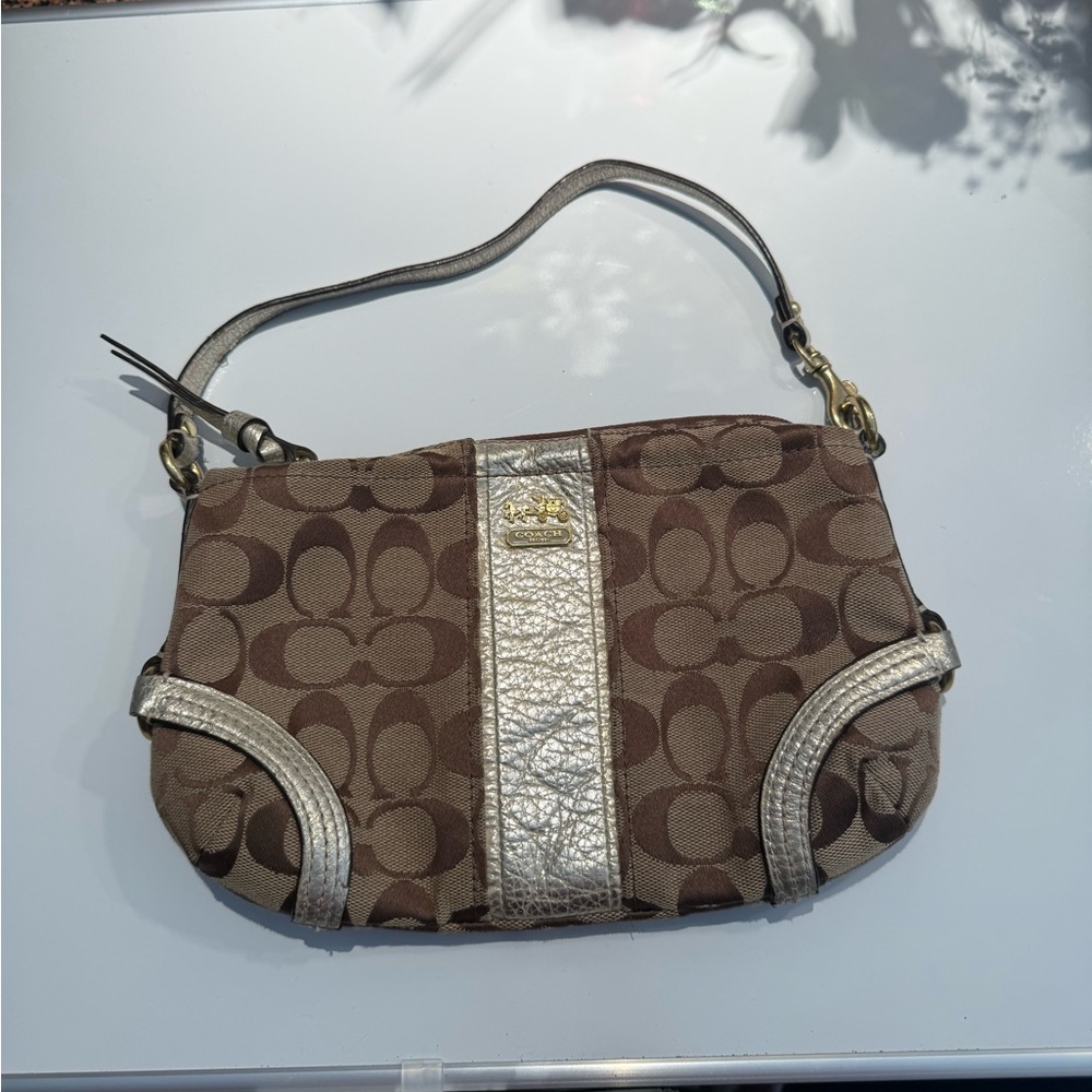 Coach Signature Brown and Silver Shoulder Bag